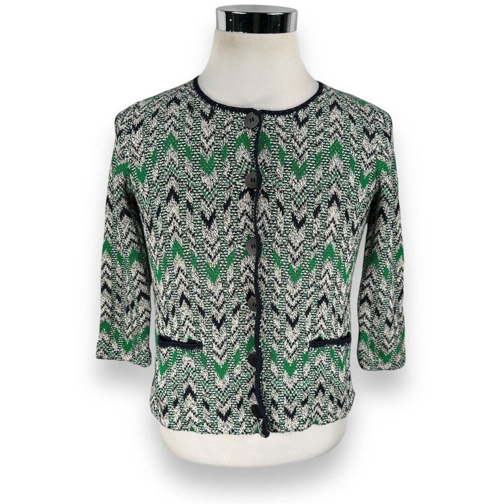Pendleton Jacquard Cardigan Sweater Womens Small Chevron Green 3/4 Sleeve Cotton